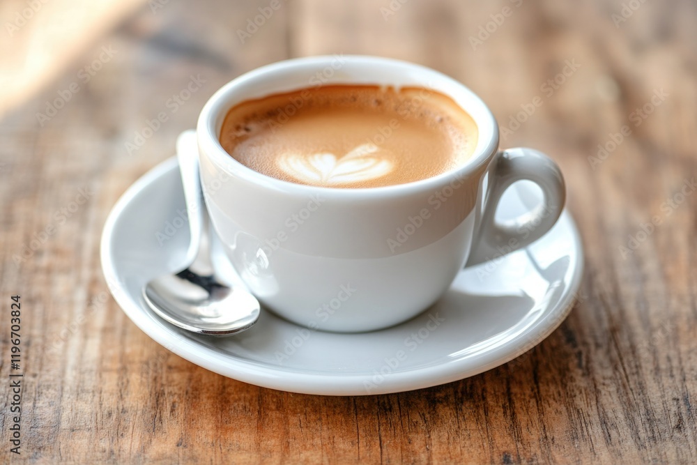 Warm coffee cup with intricate latte art on rustic wooden table Warm coffee cup with intricate latte art on rustic wooden table
