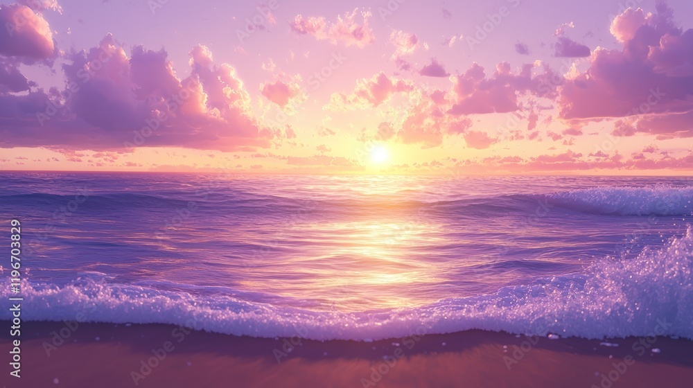 Fototapeta premium Serene Sunset Beach: Purple Hues and Ocean Waves