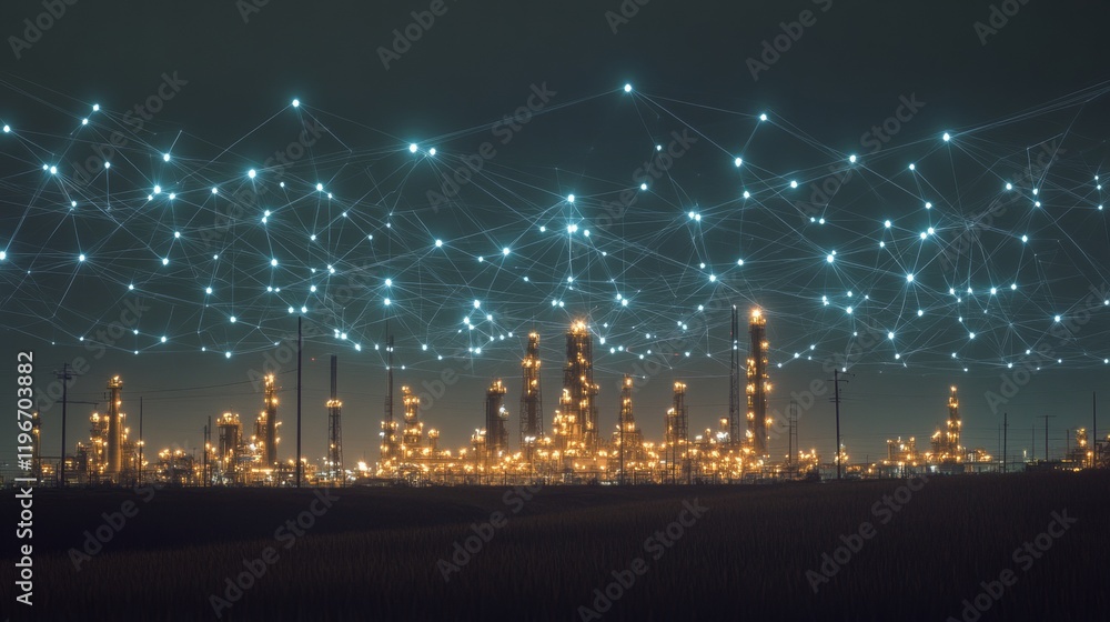 Digital connectivity network through oil and gas fields at night There is a large petrochemical factory in the background Digital connectivity network through oil and gas fields at night There is a large petrochemical factory in the background