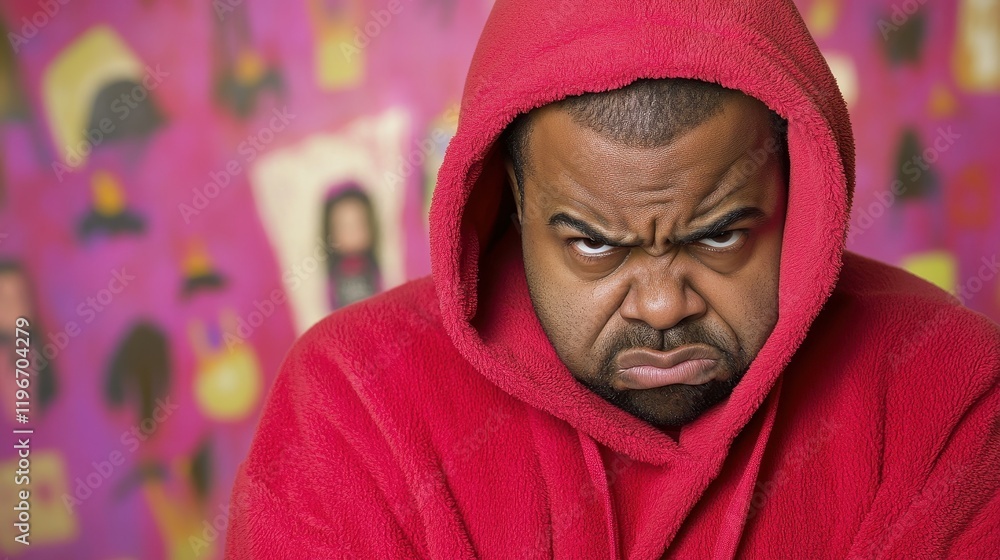 A man wearing a red hoodie shows a serious expression with a furrowed brow, set against a vibrant backdrop filled with abstract art. The atmosphere reflects tension and emotion A man wearing a red hoodie shows a serious expression with a furrowed brow, set against a vibrant backdrop filled with abstract art. The atmosphere reflects tension and emotion