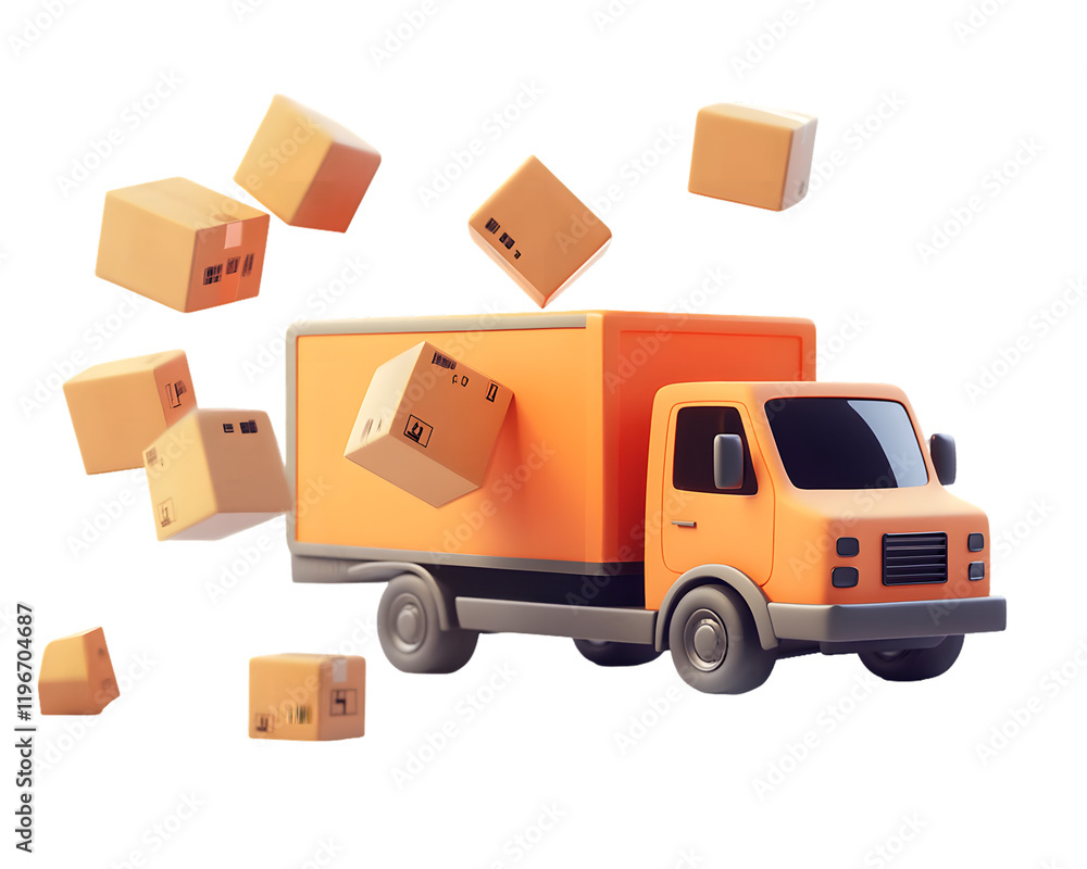 Vibrant orange delivery truck surrounded by falling cardboard boxes transparent background, PNG Vibrant orange delivery truck surrounded by falling cardboard boxes transparent background, PNG