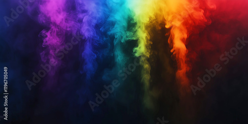 Rainbow steam jets spreading on the black backdrop, colorful abstract background, web banner and header.
