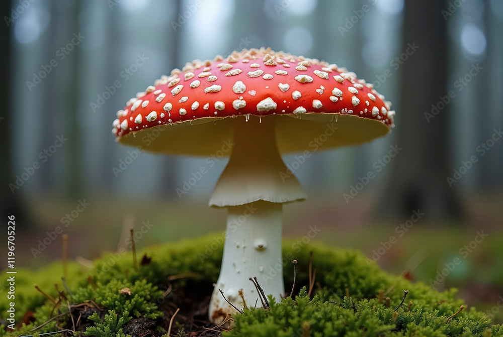 A striking red and white mushroom surrounded by green moss. A striking red and white mushroom surrounded by green moss.