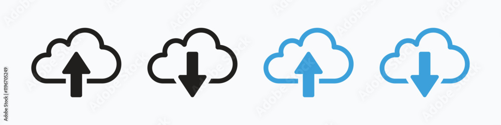 Collection of upload and download vector icons with black and blue colors. Cloud computing icon symbol. Vector illustration Collection of upload and download vector icons with black and blue colors. Cloud computing icon symbol. Vector illustration