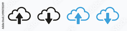 Collection of upload and download vector icons with black and blue colors. Cloud computing icon symbol. Vector illustration