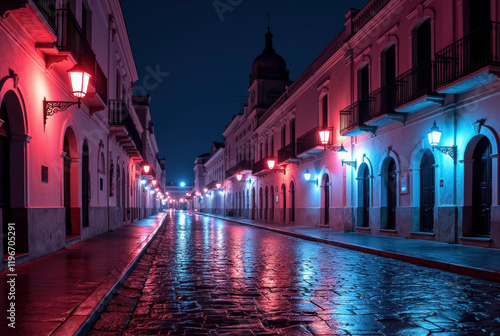 A street illuminated at night
