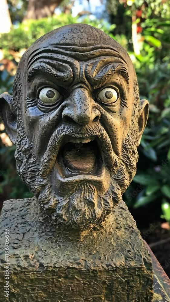 Dynamic sculpture of a screaming figure surrounded by lush greenery in a tranquil garden setting Dynamic sculpture of a screaming figure surrounded by lush greenery in a tranquil garden setting