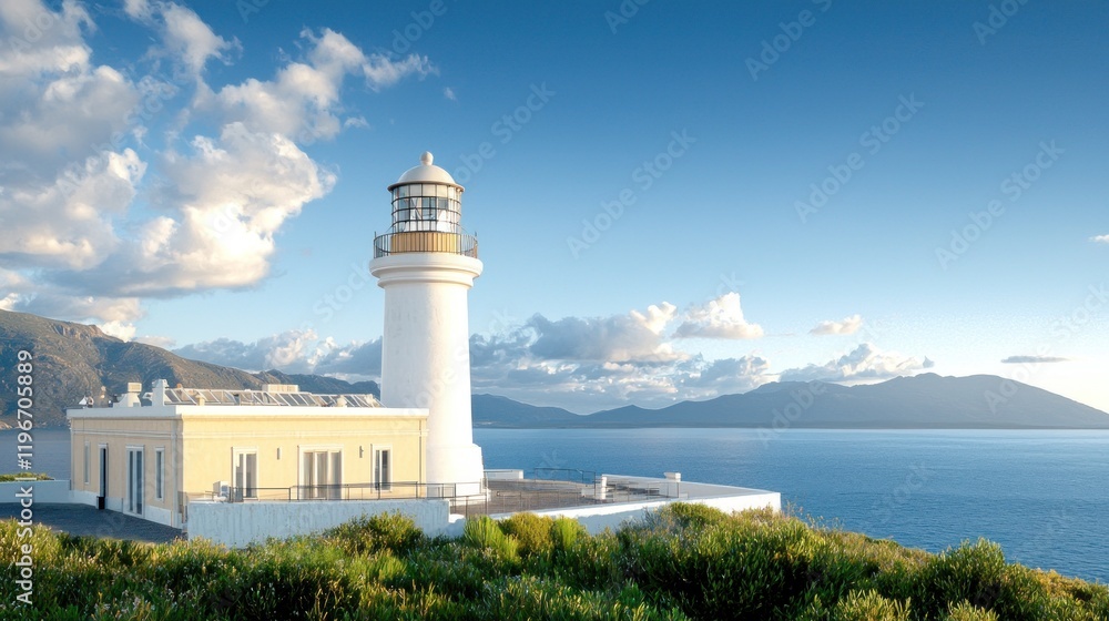 A scenic lighthouse by the coast with mountains in the background. A scenic lighthouse by the coast with mountains in the background.