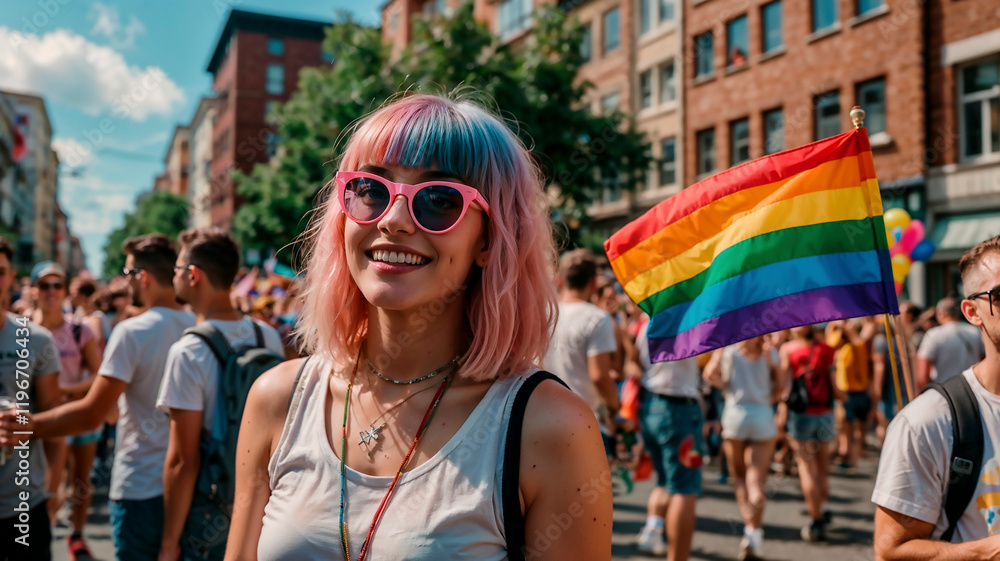Beautiful girl with pink hair and a gay pride rainbow flag on the street. Beautiful girl with pink hair and a gay pride rainbow flag on the street.
