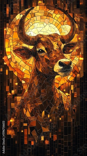 Majestic Bull in Golden Mosaic: A Warm, Stained-Glass Portrait photo