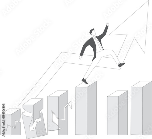 Overcoming obstacles to achieving success, businessman crosses a bridge that will collapse to achieve business goals or career success, overcoming problems in business, strategy to get out of trouble
