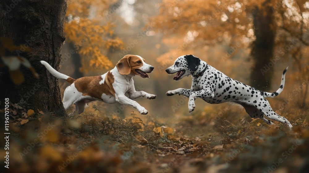 A beagle and a Dalmatian playfully chasing each other around a tree in a wooded area A beagle and a Dalmatian playfully chasing each other around a tree in a wooded area