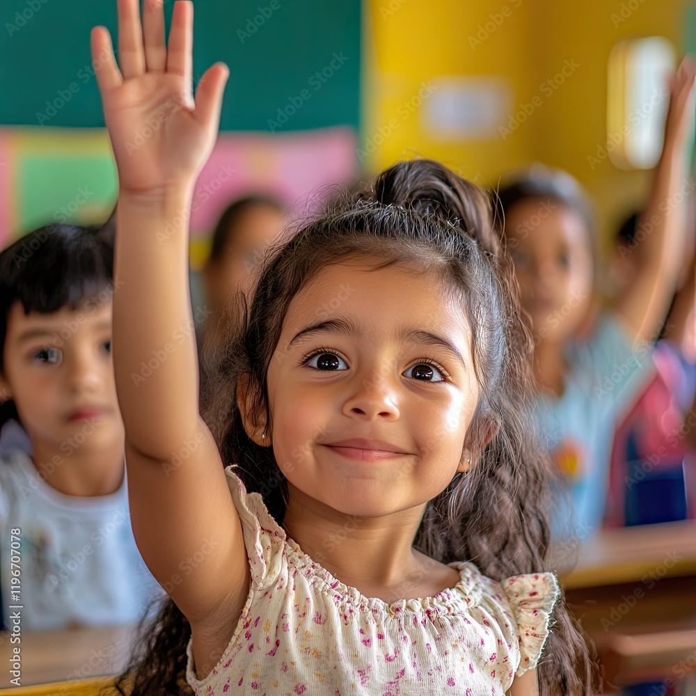 Excited hispanic little girl raising hand in elementary classroom. School children during the lesson trying to answer question in primary school. Cute little latin girl raising hand at school. Excited hispanic little girl raising hand in elementary classroom. School children during the lesson trying to answer question in primary school. Cute little latin girl raising hand at school.