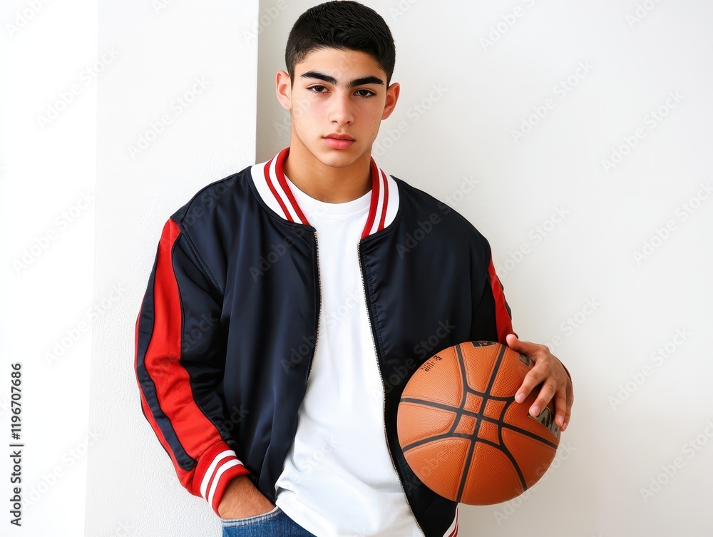 Young Man Posing with Basketball Against White Wall Young Man Posing with Basketball Against White Wall