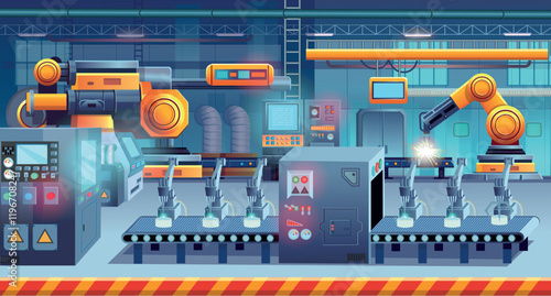 Factory background for game. Factory manufacturing industrial line. High tech machinery. Vector illustration.