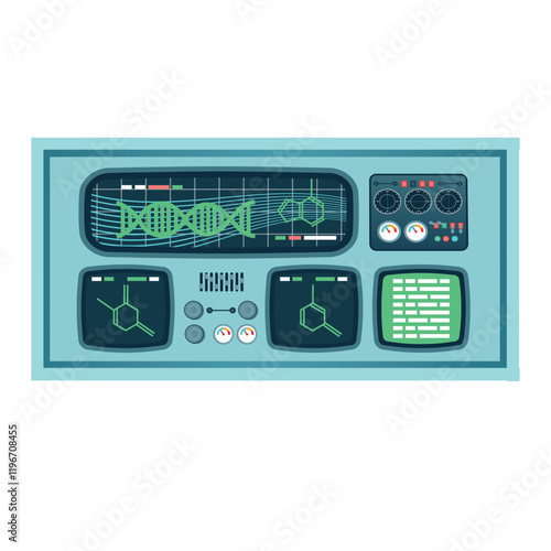 Control panel. Metal electronic panel of a spaceship with neon elements. Element for creating a background.