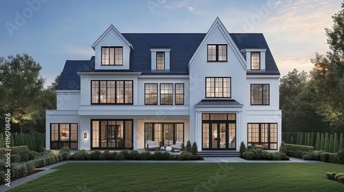 Modern, elegant, large white house with black windows, dark blue roof, and a backyard patio area. photo