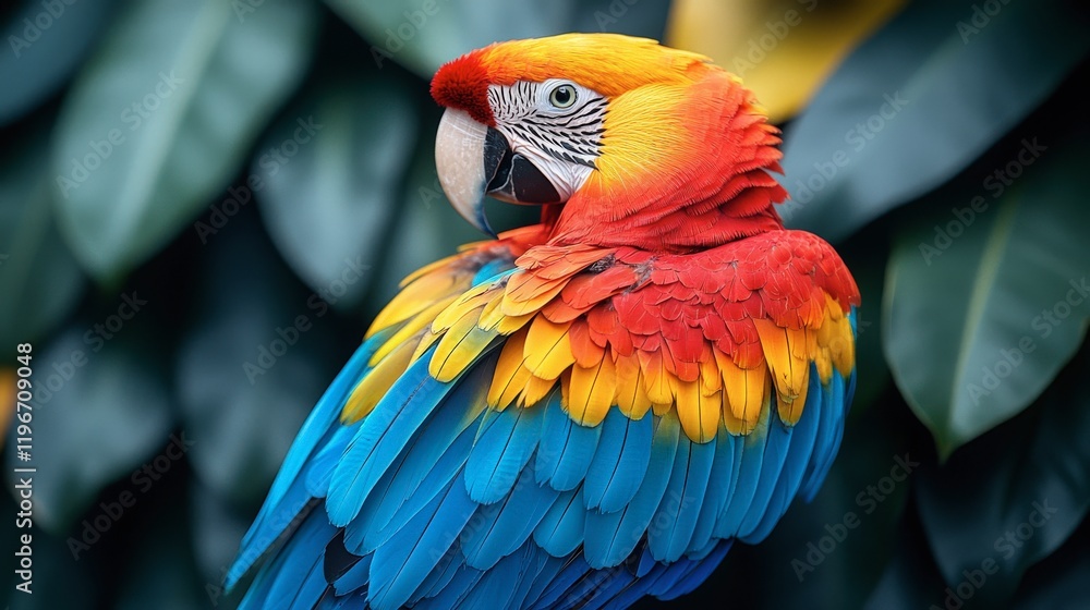 Obraz premium A Vivid Scarlet Macaw Parrot Amidst Lush Green Foliage, Displaying its Bright Red, Yellow, and Blue Plumage in a Close-up Portrait