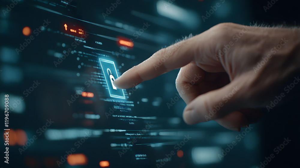 Fototapeta premium A user interacting with a digital touchscreen, with their finger hovering over a holographic lock symbol. The interface displays complex encrypted data streams and graphs, with glowing blue tones