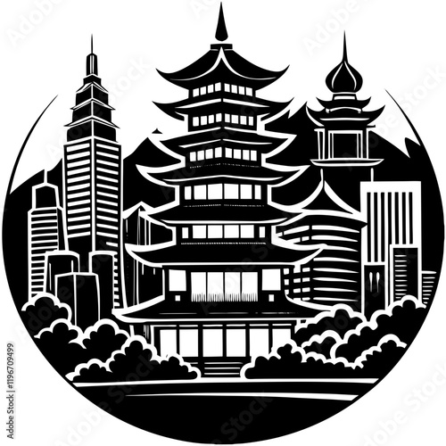 Asian Cityscape Silhouette with Pagodas and Modern Buildings - Cultural Skyline Vector