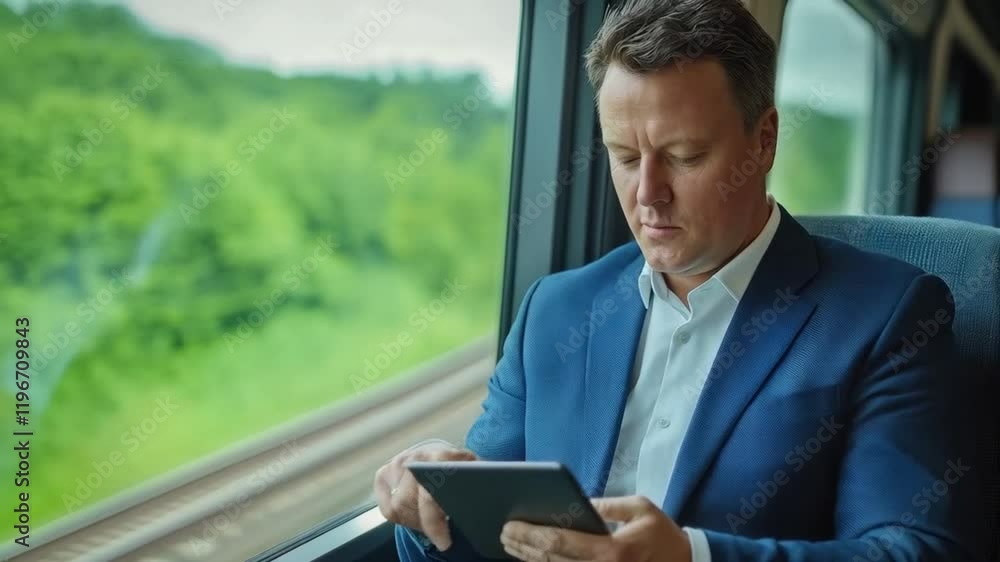 Businessman on a Train Journey, Working on Tablet Businessman on a Train Journey, Working on Tablet