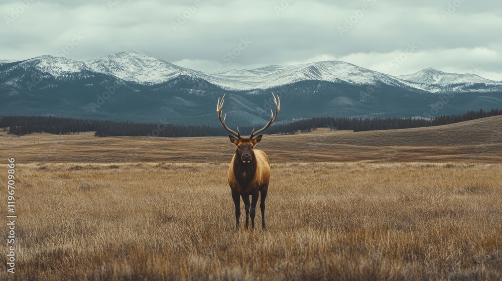 Majestic elk stands in a vast field.