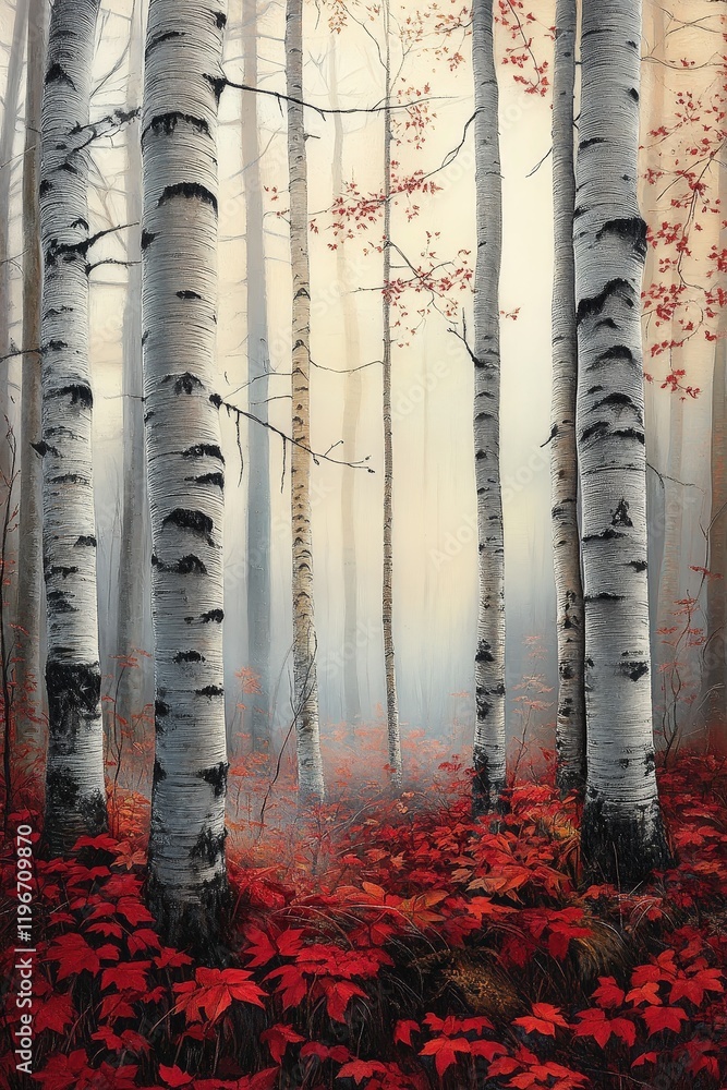 Fototapeta premium Birch trees in foggy forest surrounded by vibrant red foliage, creating a tranquil autumn landscape perfect for nature photography and seasonal decor.