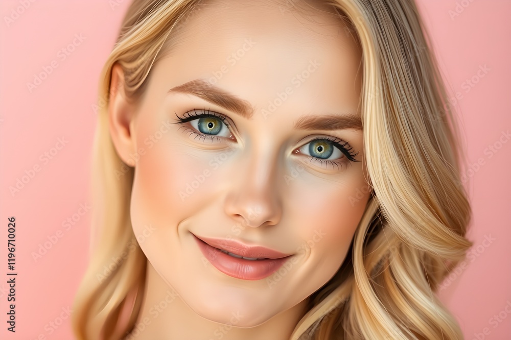 A portrait of a blonde haired woman with a bright face and blue eyes. A portrait of a blonde haired woman with a bright face and blue eyes.