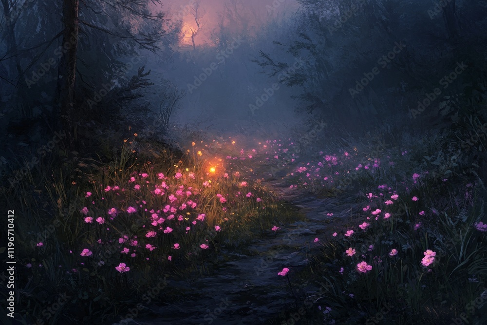 Fototapeta premium Enchanted forest path, glowing flowers, twilight scene.