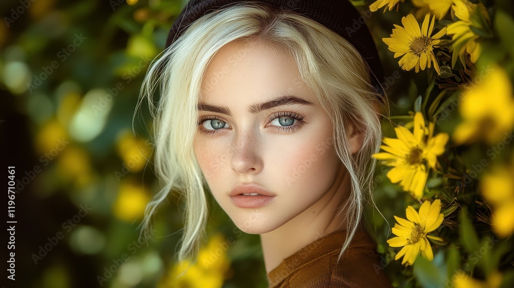 A young woman with striking blue eyes and blonde hair stands amidst a backdrop of blooming yellow flowers. Her serene expression and casual style complement the natural beauty surrounding her A young woman with striking blue eyes and blonde hair stands amidst a backdrop of blooming yellow flowers. Her serene expression and casual style complement the natural beauty surrounding her