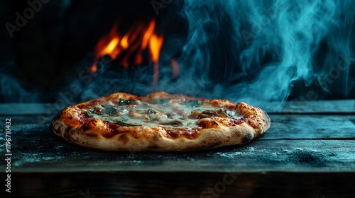 Wood-fired pizza with basil and ambient firelight photo