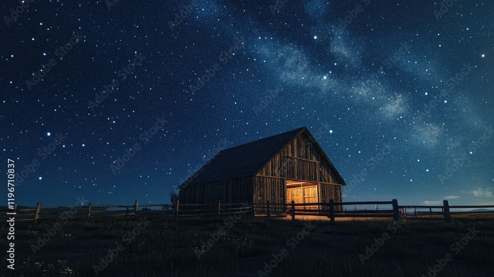 A glowing stable under a vast, clear starry night, the rustic wooden structure adding charm to the serene landscape. A glowing stable under a vast, clear starry night, the rustic wooden structure adding charm to the serene landscape.