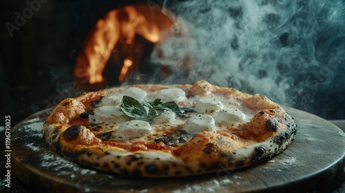 Cheesy pizza with steaming melts and fresh basil leaves. photo