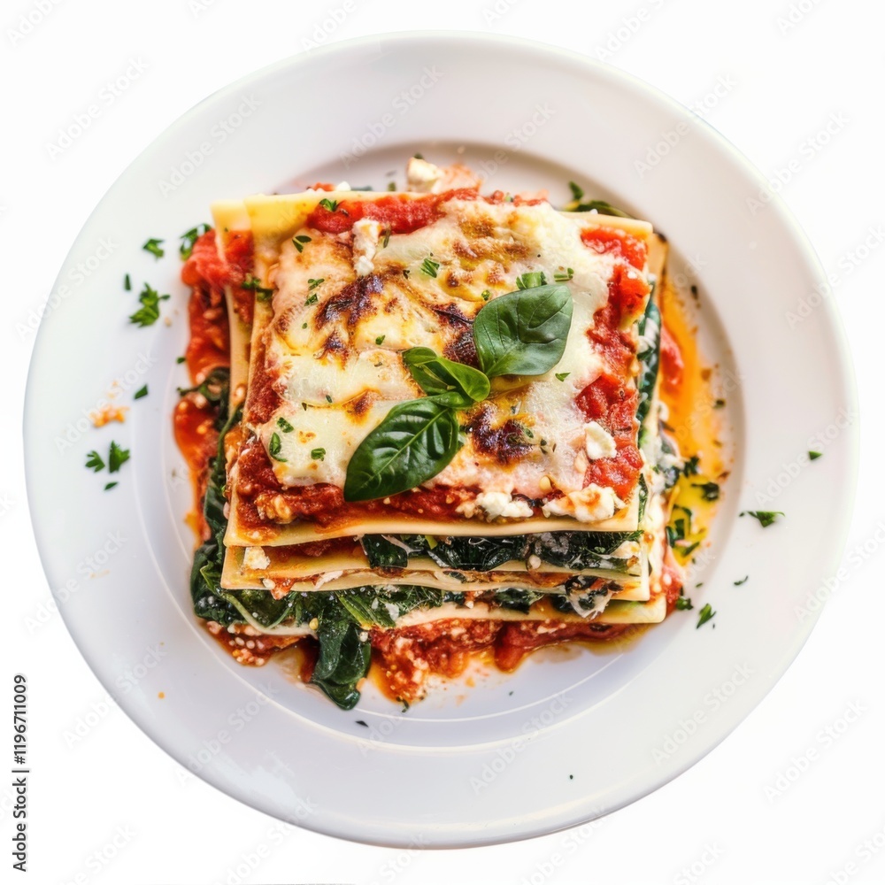 A plate of vegetable lasagna with layers of spinach, ricotta cheese, and marinara sauce A plate of vegetable lasagna with layers of spinach, ricotta cheese, and marinara sauce