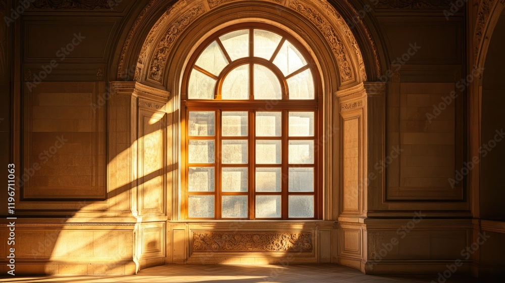 A grand arch window with artistic stonework in a historic building, softly lit by the afternoon sun