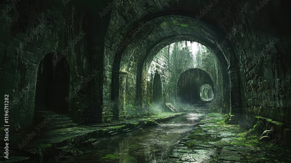 Obraz premium A haunting underground tunnel with wet, mossy walls and a foreboding atmosphere, leading into darkness