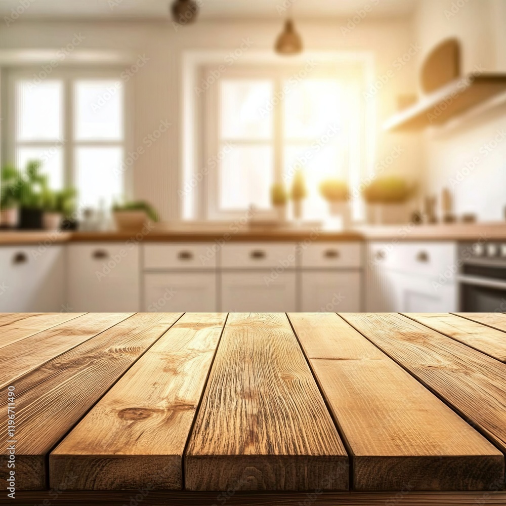 Empty wooden table with the bright white interior of the kitchen as a blurred background behind the bokeh golden sunshin Empty wooden table with the bright white interior of the kitchen as a blurred background behind the bokeh golden sunshin