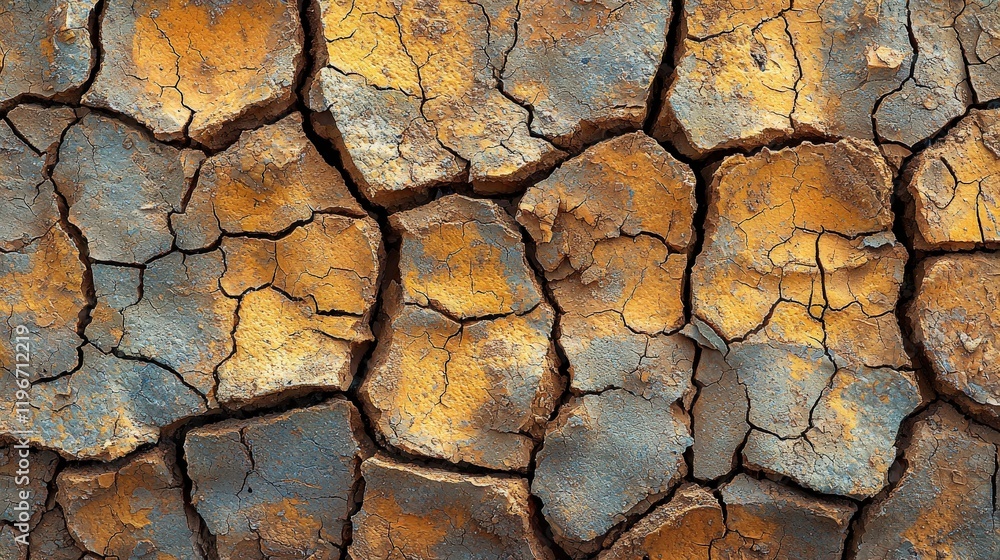 Abstract Texture of Cracked Earth: Arid Land, Drought, and Dry Soil in Orange, Brown, and Gray Hues