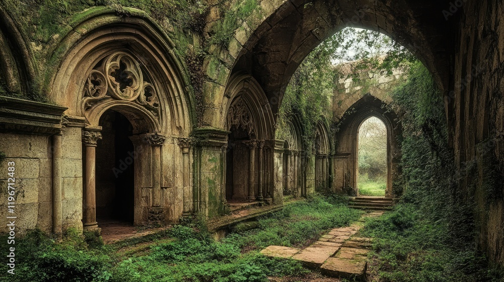 Naklejka premium A mystical ancient monastery with intricate stone carvings and overgrown vegetation, revealing cryptic hallways and hidden chambers