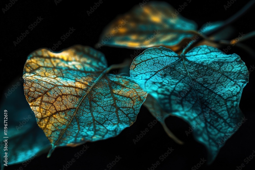 Fototapeta premium Leaves with intricate patterns illuminated in blue and gold tones against a black background, showcasing natural beauty and artistic nature photography.