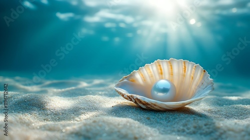 Seashell with White Pearl on Ocean Floor – A Serene and Magical Underwater Masterpiece