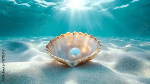 Seashell with White Pearl on Ocean Floor – A Serene and Magical Underwater Masterpiece photo