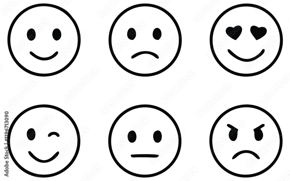 Set of vector smiley icons. Emoticons. 6 black and white isolated emotion symbols Set of vector smiley icons. Emoticons. 6 black and white isolated emotion symbols