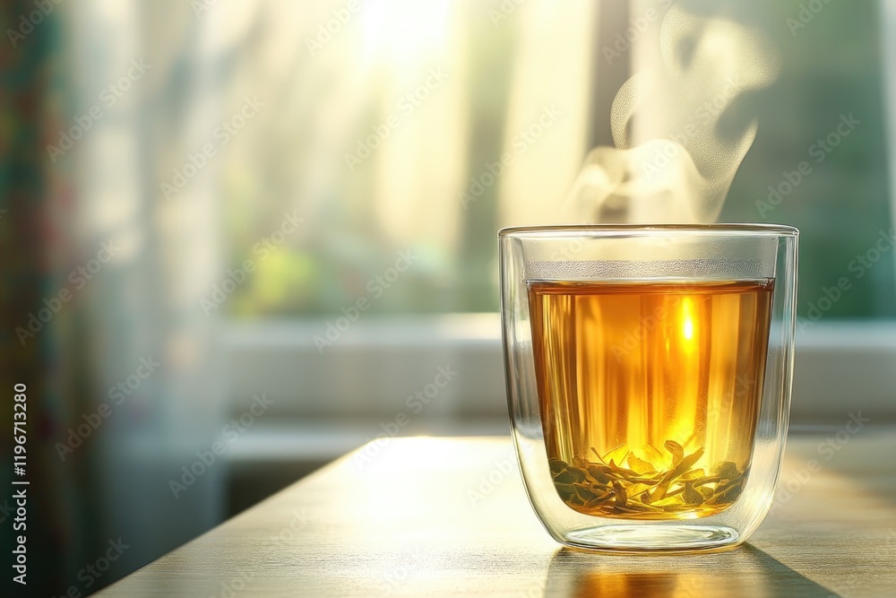 Warm cup of tea emits steam, illuminated by soft sunlight, creat Warm cup of tea emits steam, illuminated by soft sunlight, creat