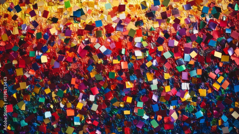 Immersive confetti landscape, densely packed paper squares, bold rainbow color mix, intricate celebration pattern, rich textural background, energetic party composition, dramatic festive arrangement, Immersive confetti landscape, densely packed paper squares, bold rainbow color mix, intricate celebration pattern, rich textural background, energetic party composition, dramatic festive arrangement,