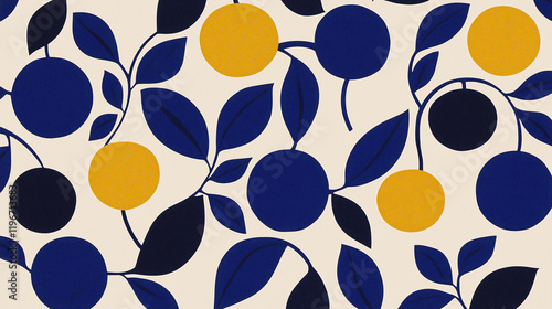 Bold Botanical Print:  A vibrant and stylish seamless pattern featuring bold blue and yellow fruit with dark blue leaves on a neutral beige background.
