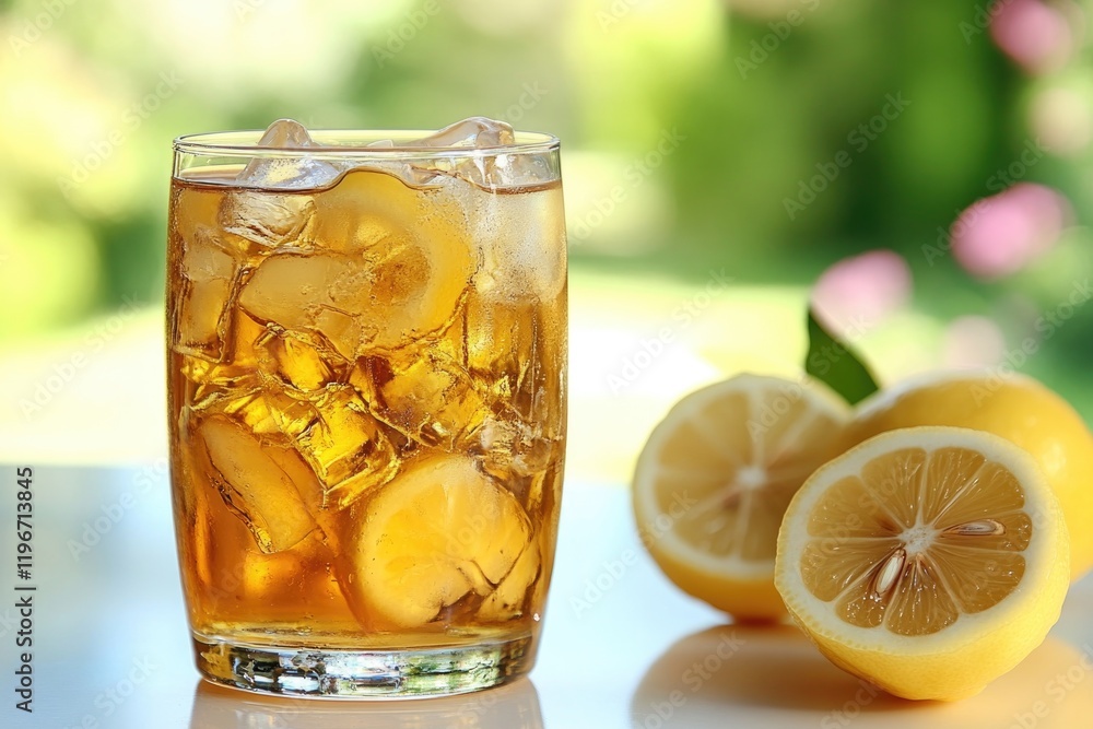 Refreshing iced tea in glass with lemon slices and vibrant green Refreshing iced tea in glass with lemon slices and vibrant green