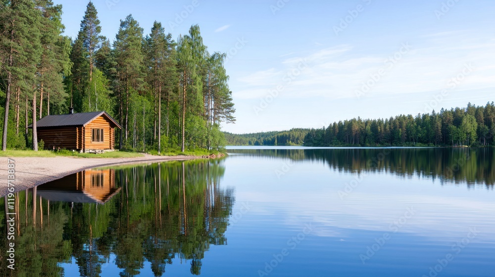 Fototapeta premium Serene lakeside cabin reflecting in calm waters surrounded by trees.