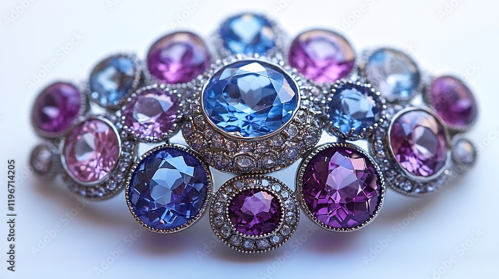Brooch delicate aquamarine and amethyst gems arranged in a geometric pattern closeup shot capturing the intricate gemstone textures against a pure white backdrop Brooch delicate aquamarine and amethyst gems arranged in a geometric pattern closeup shot capturing the intricate gemstone textures against a pure white backdrop