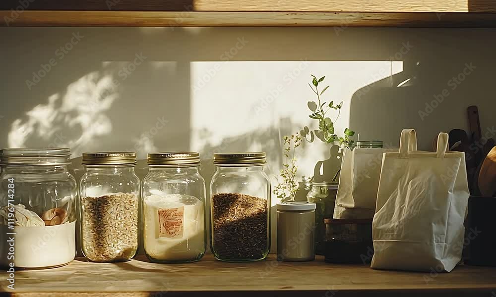 Sunlit kitchen shelf showcasing jars of grains and spices, with fresh greenery and a minimalist aesthetic in the background Sunlit kitchen shelf showcasing jars of grains and spices, with fresh greenery and a minimalist aesthetic in the background